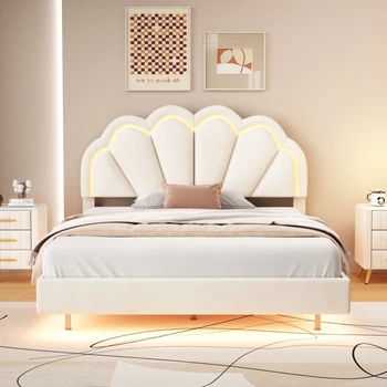 Полностью обитый каркас кровати Smart LED с изголовьем из элегантных цветов, плавающая бархатная платформа, светодиодная кровать с опорой из деревянных планок, B