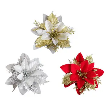 Прочный Рождественский цветочный декор, сверкающие Рождественские украшения из искусственных цветов, блестящие листья золотисто-серебристого цвета, 3 цвета на Рождество