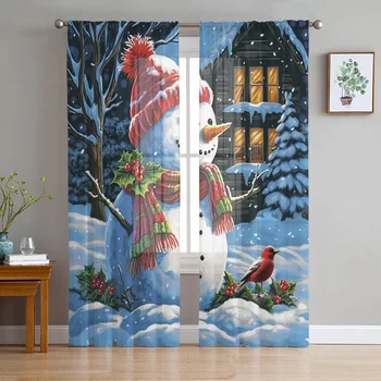 Рождественский Снеговик, Птица, Тюлевые занавески для гостиной, украшения спальни, Шифоновая прозрачная вуаль, Занавески для кухонного окна, шторы