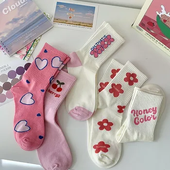 Розовые носки с принтом в виде сердца, женские повседневные хлопковые длинные носки в стиле харадзюку с буквенным принтом, японские модные милые носки Kawaii для девочек