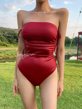 Роскошный Ретро-бордово-красный купальник Сексуальные женские купальники-Бандо 2023 Новый Привлекательный банный костюм Цельный Летняя пляжная одежда Монокини