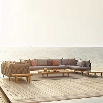 Скандинавский уличный диван из тикового дерева, вилла для отдыха, ротанговый стул, массив дерева, уличный сад, модель внутреннего двора, мебель для комнаты