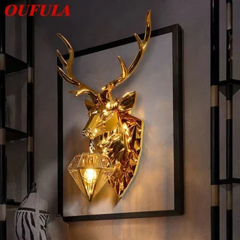 Современный настенный светильник OUFULA с Золотым Оленем, персонализированный и креативный светильник для украшения гостиной, спальни, прихожей, прохода