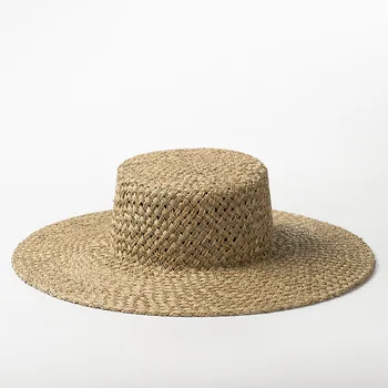 Соломенная шляпа ручной работы с плоским верхом из морских водорослей для туризма на открытом воздухе, защита от солнца, пляжная тень, шляпа с плоским верхом