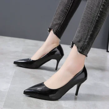 Туфли на высоком каблуке, женские туфли-лодочки, Классические туфли из лакированной кожи с острым носком, свадебные женские модельные туфли, большие размеры 35-44