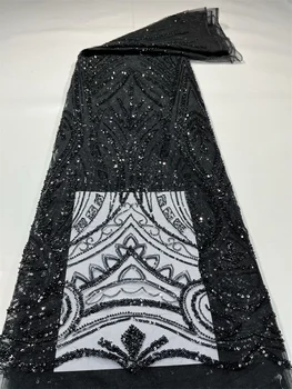 Черная африканская кружевная ткань с пайетками 2023, высококачественная вышивка бисером, Нигерийский Французский тюль, кружевной материал для свадебного платья