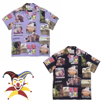 Черная Фиолетовая рубашка WACKO MARIA 2023ss, мужские Женские повседневные гавайские рубашки, футболка